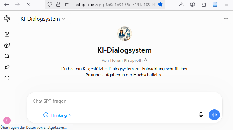 Screenshot des KI-Dialogsystems zur Entwicklung schriftlicher Prüfungsaufgaben