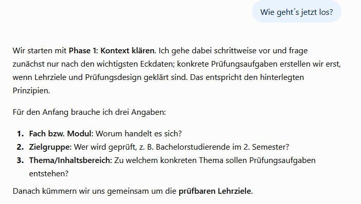 Dialog des KI-Dialogsystems zur Klärung des Prüfungskontexts